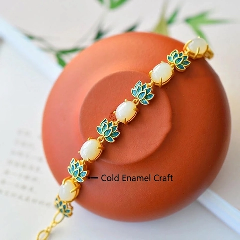 Vintage Chinese Style Lotus Flower Bracelet Copper With Cold Enamel And White Green Imitation Jade Adjustable Jewelry For Women
