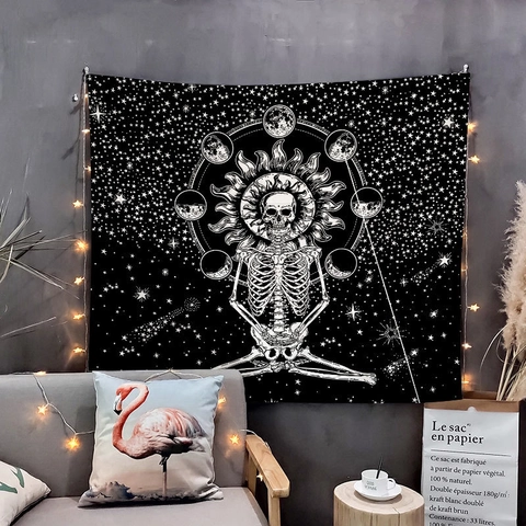 Skull Lovers Tarot Tapestry Polyester Bohemian Sun Moon Astrological Wall Hanging Decor For Bedroom Dorm Home Living Room