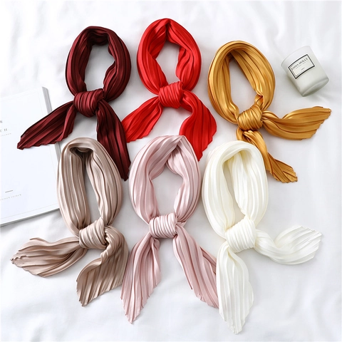 Pleated Satin Square Scarf Imitation Satin Neckerchief Solid Color Lightweight Sun Protection Fashion Accessory For Women
