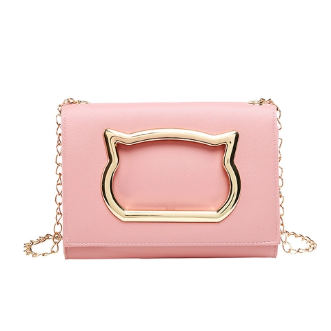Women Crossbody Bag Cute Cat Metal Handle PU Leather Gold Chain Small Square Flap Shoulder Purse Fashion Chic