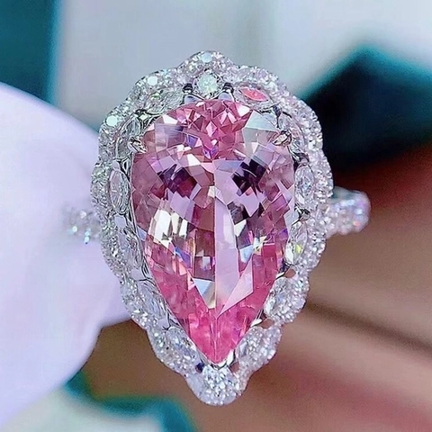 Pear Shape Pink Stone Ring Pendant Copper Cubic Zirconia Waterdrop Adjustable Luxury Elegant Wedding Jewelry For Women