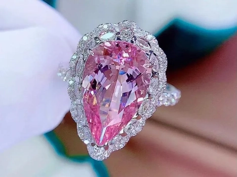 Pear Shape Pink Stone Ring Pendant Copper Cubic Zirconia Waterdrop Adjustable Luxury Elegant Wedding Jewelry For Women