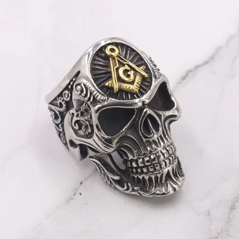 Anello Teschio Da Uomo Acciaio Inossidabile Massoneria G Compasso Squadra Vintage Punk Gotico Gioielli