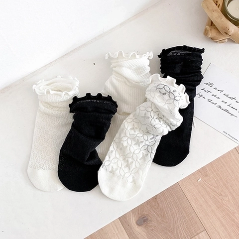 Japanischer Stil Spitze Mesh Crew Socken Baumwollmischung Atmungsaktiv Rüschenbesatz Polka Dot Blumenmuster Damen