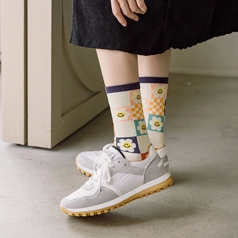 Women Crew Socks Combed Cotton Argyle Floral Smiley Checkerboard Patterns Preppy Vintage Sweat Absorbent Mid Calf