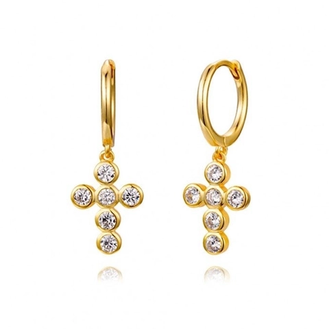 Orecchini A Cerchio Con Croce Zirconi Ottone E Perno In Argento Sterling 925 Lusso Minimalista Per Donna