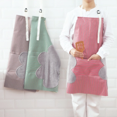 Tablier De Cuisine Rayé Imperméable Résistant À L Huile Tissu Oxford Avec Essuie Mains En Molleton De Corail Poche