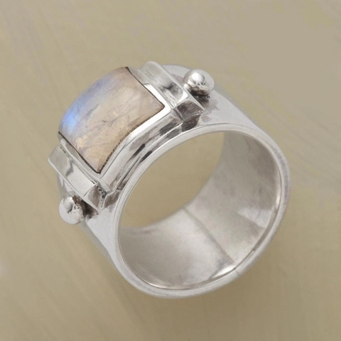 Vintage Mondstein Ring Antik Versilbert Quadratisch Geometrisch Edelstein Breitband Für Verlobung Hochzeitstag