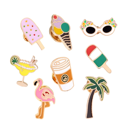 Summer Tropical Enamel Pin Brooch Alloy Flamingo Palm Tree Ice Cream Cocktail Badge For Clothing Backpack Accessories