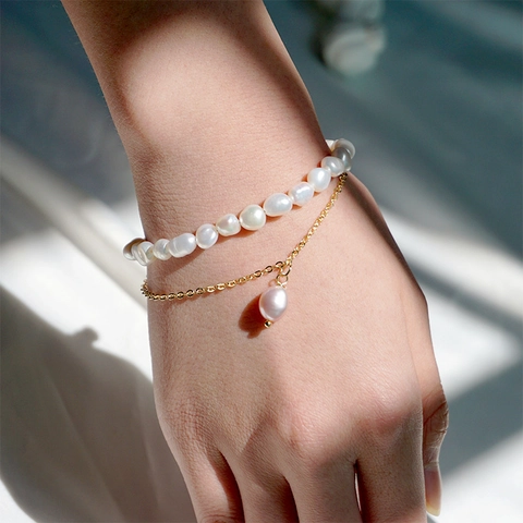 Collana E Bracciale A Strati Süßwasserperle Barocche Acqua Dolce Catena Oro Acciaio Inossidabile Ciondolo Perla de Agua Dulce Viola Retro Elegante Donna