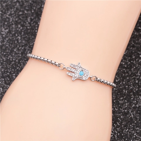Hamsa Hand Evil Eye Bracelet Stainless Steel Adjustable Box Chain CZ Inlaid Protective Charm Jewelry For Men Women