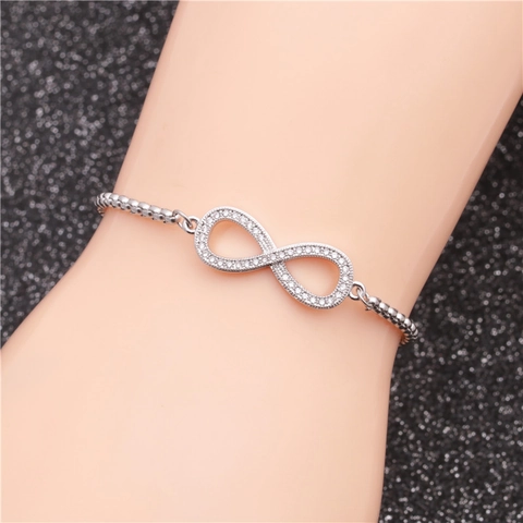 Infinity Bracelet Stainless Steel Adjustable Slider Chain Cubic Zirconia Silver Color Elegant Jewelry Women