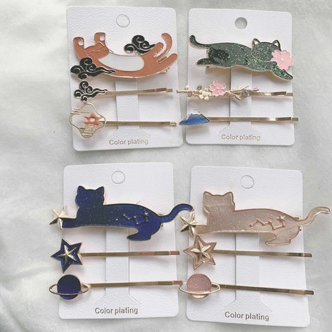 Mollette Per Capelli Gatto Cartone Animato Cielo Stellato Lega Smalto Fermagli Laterali Per Donne Ragazze Stile Giapponese Accessori