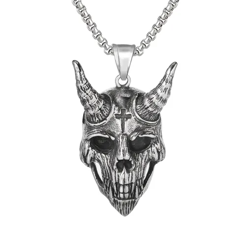 Gothic Horned Skull Pendant Necklace Titanium Steel Retro Demon Cross Biker Punk Jewelry For Men With Box Chain