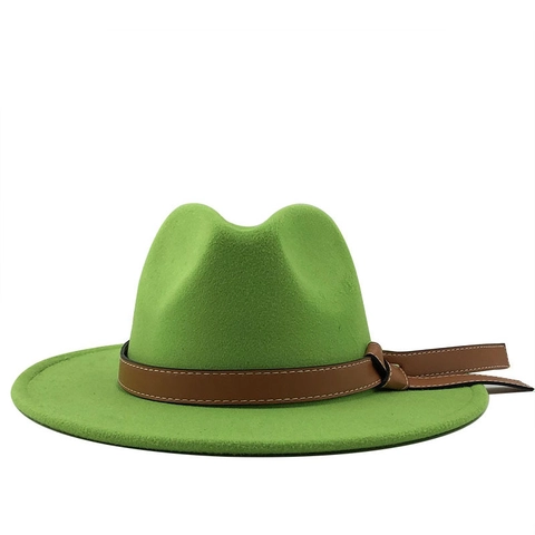 Women Vintage Wool Felt Fedora Hat Wide Brim Panama Jazz Cap With Leather Belt Buckle Decor British Style Elegant