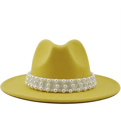 Vintage Wide Brim Wool Felt Fedora Hat With Artificial Pearl Bead Decorative Band Elegant Jazz Cap For Women