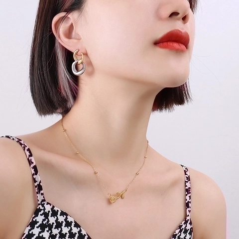 Detachable Double Interlocking Circle Stud Earrings 18K Gold Plated Titanium Steel French Ins Style Geometric Jewelry