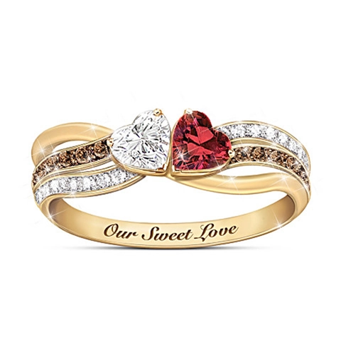 Double Heart Ring Gold Plated Alloy Red White Cubic Zirconia Crossed Band Engraved Our Sweet Love Romantic Jewelry Women
