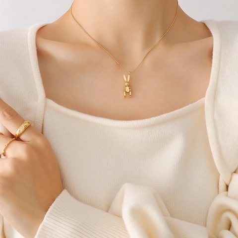 Mechanisch Konijn Hanger Ketting 18K Verguld Titaniumstaal 3D Konijntje Luck Gegraveerd Bolletjesketting Sieraden