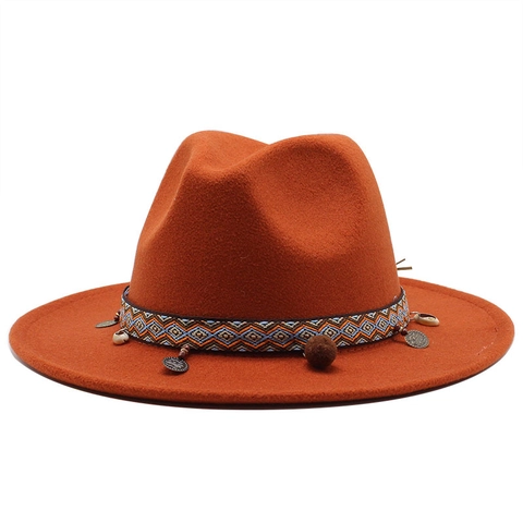 Wide Brim Fedora Hat Wool Felt Ethnic Woven Band Bohemian Style Jazz Retro Cowboy Sun Hat For Men Women