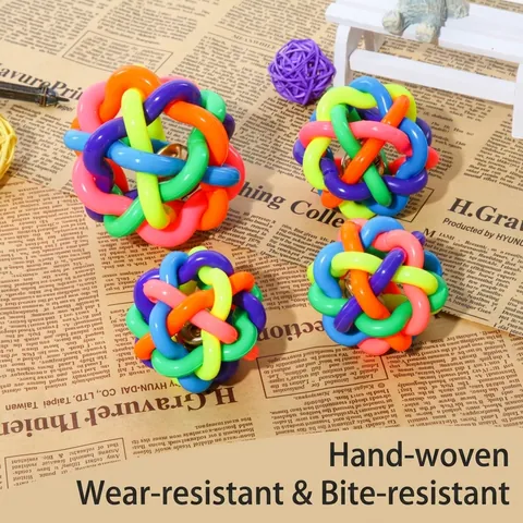 Colorful Woven Pet Toy Ball With Built-In Bell Interactive Ringing Puzzle For Dog Cat Molar Teeth Cleaning Rubber