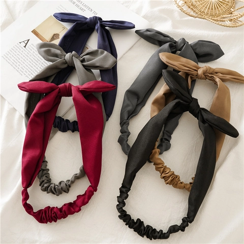 Diadema Con Orejas De Conejo Y Lazo Para Mujer Elástica Tela Con Nudo Cinta Para El Pelo Para Lavar La Cara Maquillaje Yoga