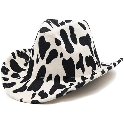 Sombrero De Vaquero Occidental Con Estampado De Vaca Ala Ancha Fieltro Borde Enrollado Accesorio De Moda Para Viajes Al Aire Libre