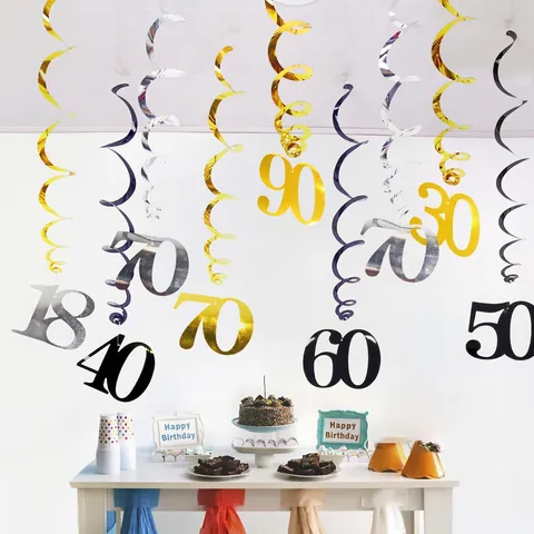 Birthday Hanging Swirl Decorations Metallic PVC Ceiling Streamers Age Milestone For Celebration