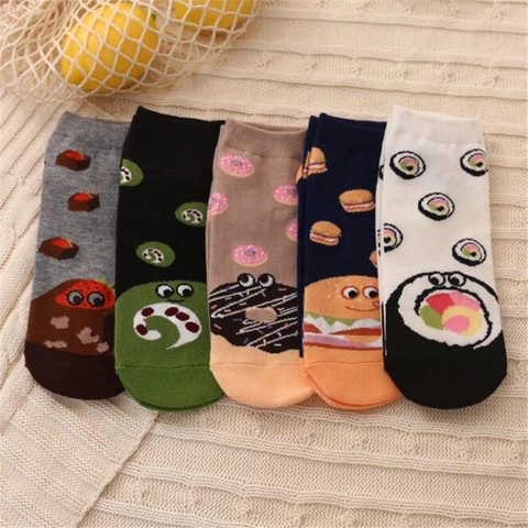 Women Cartoon Food Pattern Ankle Socks Cotton Knit Breathable Casual Cute Short Boat Socks