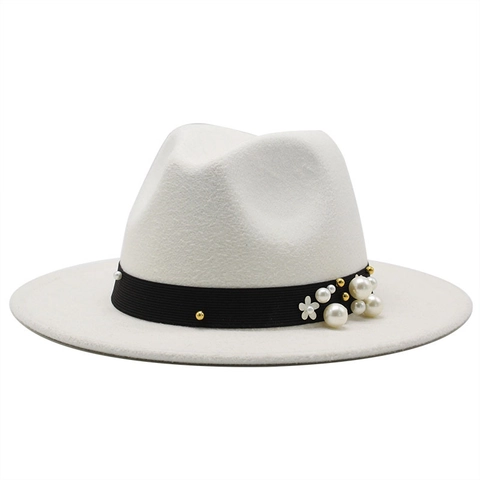 Women Vintage Woolen Felt Fedora Hat With Ribbon Artificial Pearl Flower Decoration Wide Brim Elegant Jazz Cap For Wedding Party Travel