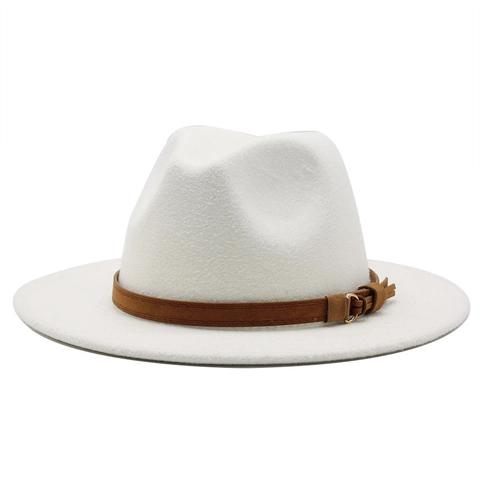 Wool Felt Fedora Hat Wide Flat Brim Jazz Cap Brown Belt Buckle Decoration Classic Retro Style Elegant Fashion Headwear