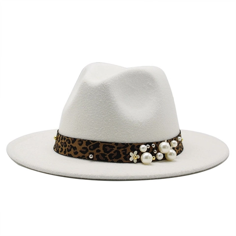 Elegant Fedora Hat Wide Brim Felt Vintage Jazz Cap With Leopard Print Band Artificial Pearl Flower Decoration For Women