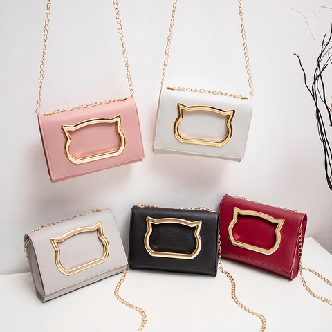 Women Crossbody Bag Cute Cat Metal Handle PU Leather Gold Chain Small Square Flap Shoulder Purse Fashion Chic