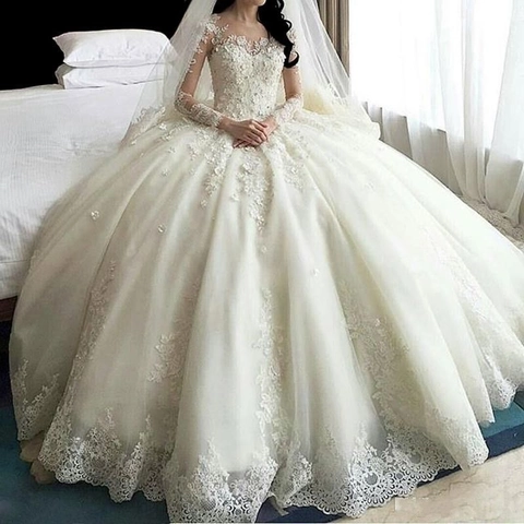 Elegant Lace Long Sleeve Wedding Dress For Bride Illusion Neckline Cathedral Train Tulle A-Line Bridal Gown