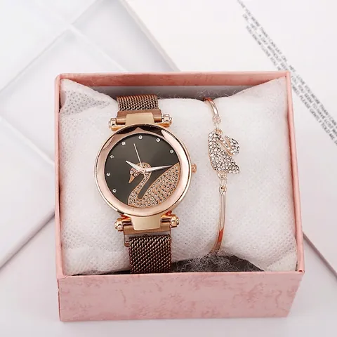 Elegant Rose Gold Women Quartz Watch Rhinestone Swan Pattern Magnetic Band Watch Bracelet Jewelry Gift Set For Women