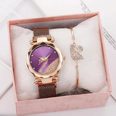 Elegant Rose Gold Women Quartz Watch Rhinestone Swan Pattern Magnetic Band Watch Bracelet Jewelry Gift Set For Women