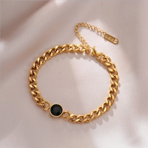 Bracciale a Catena Cubana in Acciaio al Titanio Oro Vintage per Donna Gioielli Punk Minimalisti Intarsiati con Strass Neri Rotondi