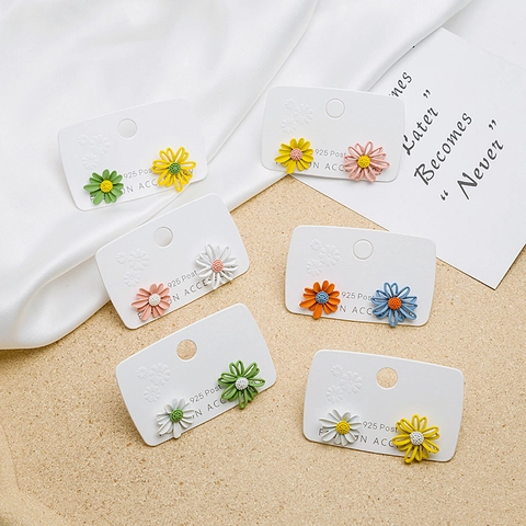 Asymmetric Daisy Flower Stud Earrings With 925 Sterling Silver Earring Post Colorful Hollow Floral Jewelry For Women