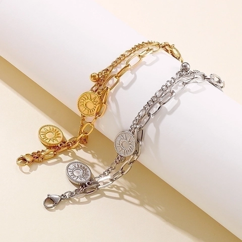 Double Layer Stainless Steel Bracelet With Sun Moon Embossed Pendants Gold Plated Adjustable Jewelry For Women