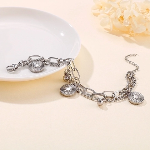 Pulsera De Doble Capa De Acero Inoxidable Para Mujer Dijes De Sol Cadena Ajustable Joyería De Moda