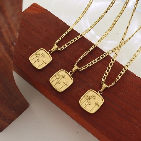 Collar Con Colgante Cuadrado De Flor Estilo Francés Lujo Acero De Titanio Chapado En Oro De 18K Cadena Figaro Para Mujer