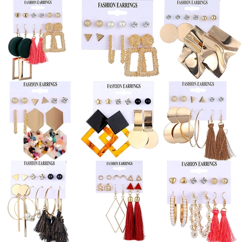 Vintage Geometric Alloy Earrings Studs Hoops Dangle Tassels Acrylic Resin Faux Artificial Pearls Crystal Women Jewelry Accessories