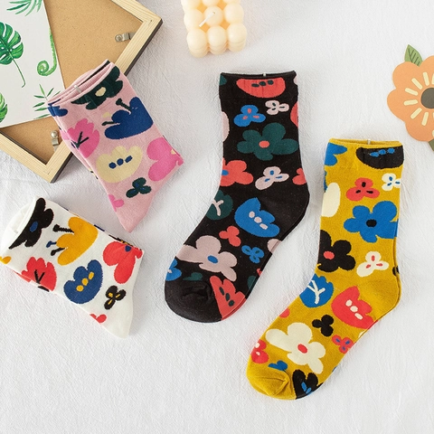 Damen Mittelhohe Socken Baumwolle Blumendruck Bunte Blumenmuster Atmungsaktiv Lässig Mode Weich