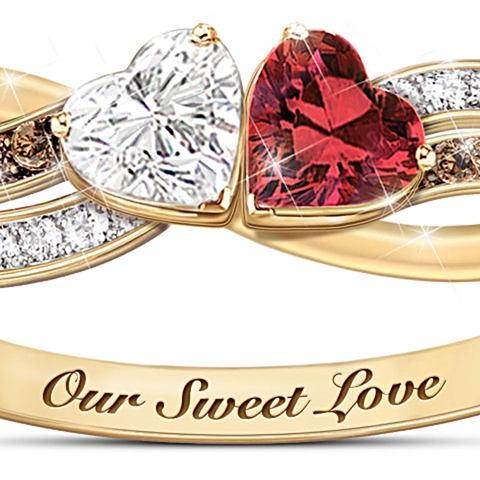Double Heart Ring Gold Plated Alloy Red White Cubic Zirconia Crossed Band Engraved Our Sweet Love Romantic Jewelry Women
