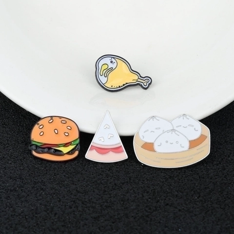 Süße Cartoon Essen Emaille Brosche Pins Legierung Kreative Burger Pizza Hähnchenschenkel Knödel Abzeichen Für Rucksäcke