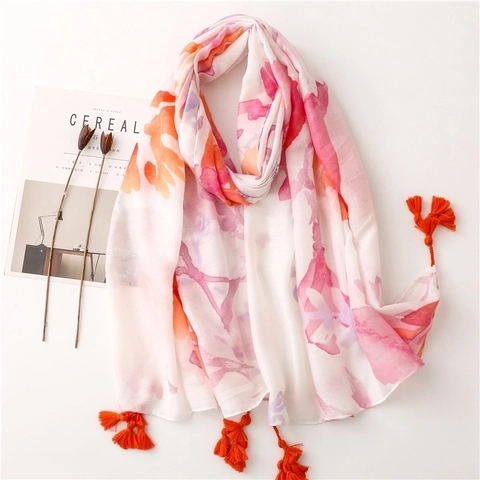 Women Abstract Watercolor Print Shawl Scarf With Tassels Lightweight Breathable Polyester Cotton Feel Herringbone Wrap