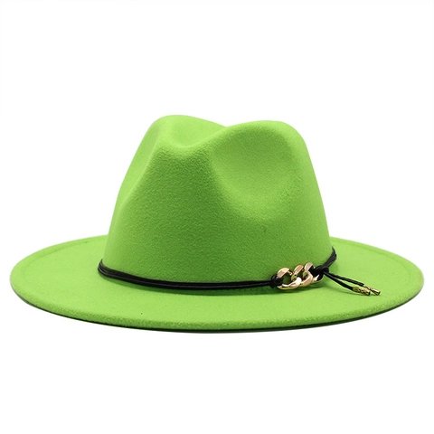 Vintage Woolen Felt Fedora Hat For Women Men Fashion Wide Flat Brim Jazz Hat With Gold Metal Chain Decoration Winter Warm Hat