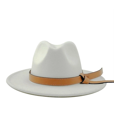 Women Vintage Wool Felt Fedora Hat Wide Brim Panama Jazz Cap With Leather Belt Buckle Decor British Style Elegant