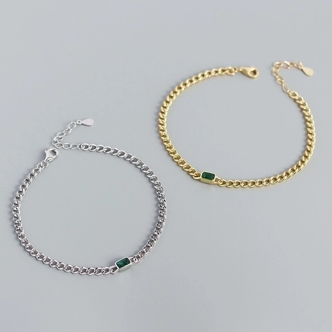 French Luxury S925 Sterling Silver Bracelet For Women Emerald Cut Green Rhinestone Tank Chain Bracelet Adjustable Jewelry Gift