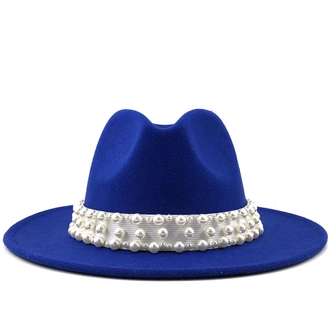 Vintage Wide Brim Wool Felt Fedora Hat With Artificial Pearl Bead Decorative Band Elegant Jazz Cap For Women